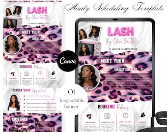 Acuity planningssjabloon voor een website voor het boeken van wimperstylisten, bewerkbaar Canva-ontwerp met roze bontmotief, sjabloon voor een boekingssite voor wimperstylisten