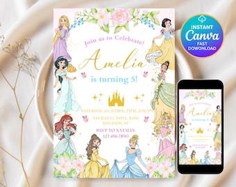 Convite de aniversário de princesa em aquarela, convite de aniversário para meninas, modelo editável do Canva, convite para impressão