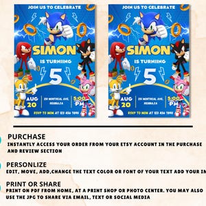 May include: Two invitation cards featuring Sonic the Hedgehog characters. The design includes the text "Join us to Celebrate," "Simon is Turning 5," and event details. The cards have a blue and yellow color scheme with character illustrations.