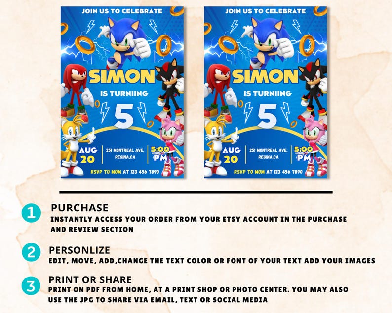 May include: Two invitation cards featuring Sonic the Hedgehog characters. The design includes the text "Join us to Celebrate," "Simon is Turning 5," and event details. The cards have a blue and yellow color scheme with character illustrations.