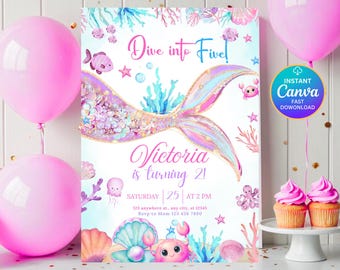 Invitación de sirena para el quinto cumpleaños "Sumérgete en cinco", invitación de cumpleaños "Fiesta de sirena bajo el mar", invitaciones de sirena rosa y azul, Canva editable DDH183
