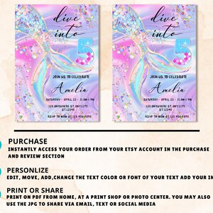 May include: Two mermaid-themed birthday party invitations. The design features a mermaid tail, the number 5, and the words "live into." The invitation includes the name "Amelia," party details, and RSVP information. The background is a mix of pink, purple, and blue.