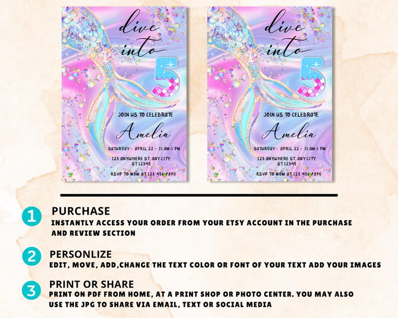 May include: Two mermaid-themed birthday party invitations. The design features a mermaid tail, the number 5, and the words "live into." The invitation includes the name "Amelia," party details, and RSVP information. The background is a mix of pink, purple, and blue.