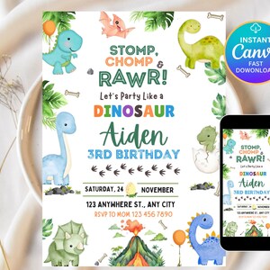 May include: A dinosaur-themed birthday invitation with the text "STOMP, CHOMP & RAWR!" and "Let's Party Like a DINOSAUR Aiden 3RD BIRTHDAY." The design includes cartoon dinosaurs, a volcano, and the date.
