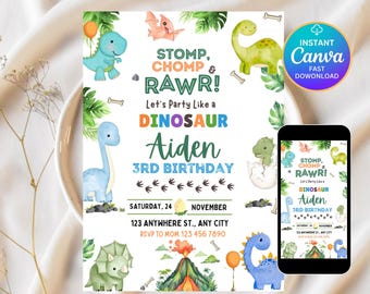 Dinosaur Birthday Invitation,EDITABLE Dinosaur 2nd Birthday Party Invite,Two Rex Dino Invite,2nd Birthday Boy Dinosaur Party,PrintableDwnlod
