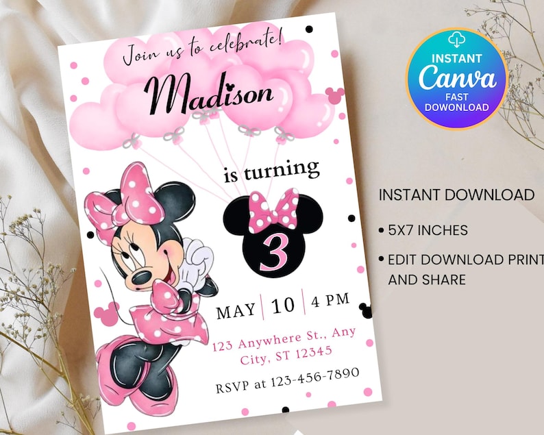 May include: A birthday party invitation featuring a Minnie Mouse theme. The invitation includes the name "Madison" in a script font, pink balloons, and a Minnie Mouse graphic. The invitation also includes the text "Join us to celebrate!" and "is turning 3".