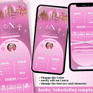 Könnte beinhalten: Eine digitale Werbeanzeige in Rosa und Weiß für ein Nagelstudio mit einem Logo mit den Buchstaben "GN" und einem Kreuz. Die Werbung enthält Kontaktinformationen, Öffnungszeiten und Buchungsrichtlinien. Der Text "Meet Ariana" ist ebenfalls sichtbar.