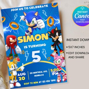 May include: A blue birthday invitation featuring Sonic the Hedgehog and friends. The invitation includes the text "Join us to celebrate" and "Simon is turning 5". The invitation also includes the date, time, and RSVP information.