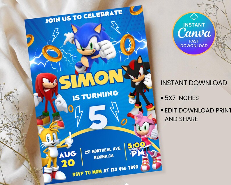 May include: A blue birthday invitation featuring Sonic the Hedgehog and friends. The invitation includes the text "Join us to celebrate" and "Simon is turning 5". The invitation also includes the date, time, and RSVP information.