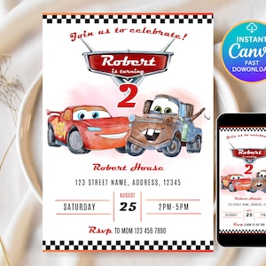 Cars Birthday Party Invitation, Lightning Mcqueen Birthday, Cars Party Invite, Second Birthday Party Invitation, Two Fast, 2, Tow Mater Cars