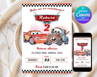 Cars Birthday Party Invitation, Lightning Mcqueen Birthday, Cars Party Invite, Second Birthday Party Invitation, Two Fast, 2, Tow Mater Cars