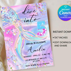 May include: A mermaid-themed invitation with a colorful design. The invitation features a mermaid tail, the number 5, and the words "Live into" and "Join us to celebrate Amelia". The invitation is 5x7 inches.