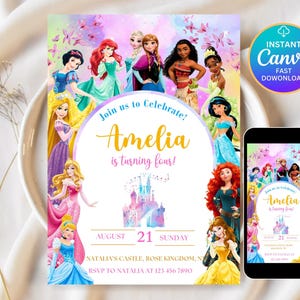 Invito modificabile a tema principessa, invito per il 4° compleanno di una principessa reale, invito per il 4° compleanno di una bambina a tema principessa, invito per la festa della principessa, download digitale