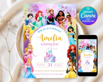 Bewerkbare prinsesuitnodiging, koninklijke prinses 4e verjaardag uitnodigen, meisje prinses thema 4e verjaardag, prinsessenfeestje uitnodigen digitale download