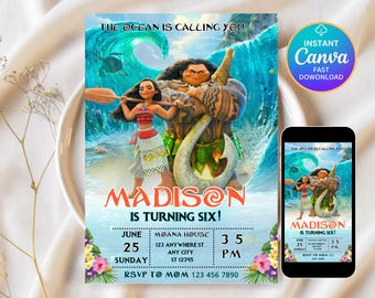 Convite de aniversário editável Baby Moana | Convite de aniversário imprimível Baby Moana | Modelo de festa infantil | Convite no Canva | Download instantâneo