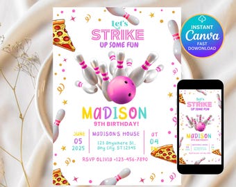 Editable Bowling Birthday Invitation, Let’s Strike Up Some Fun Girls Party Invite, Printable Pink Bowling Invite, Canva Template