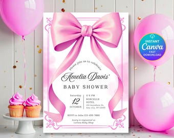 Pink Bow Baby Shower Invitation Editable Watercolor Coquette Bow Invitation Girl Baby Shower Invite Pink Ribbon Baby Shower Canva Template
