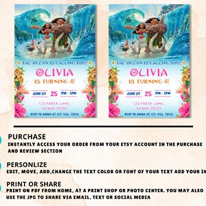 May include: Two invitations with a tropical theme. The invitations feature a vibrant illustration of characters from a popular animated film, with a turquoise ocean backdrop. Text includes the name "Livia", age, date, time, and RSVP information.