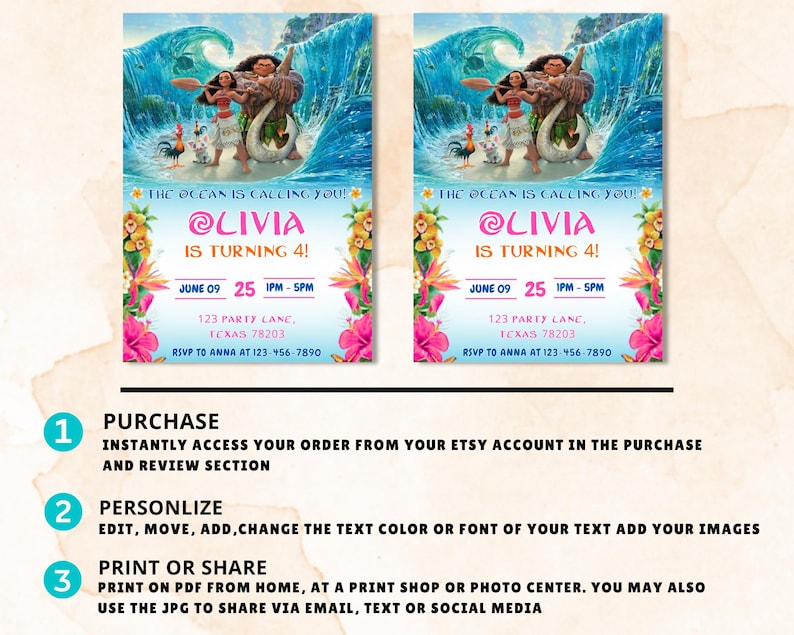 May include: Two invitations with a tropical theme. The invitations feature a vibrant illustration of characters from a popular animated film, with a turquoise ocean backdrop. Text includes the name "Livia", age, date, time, and RSVP information.