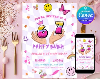6-7 Birthday Invitation for Girls, Editable Meme Trending Six Seven Party Invite, Bruh, Girl Birthday, Kids Birthday Digital Invite