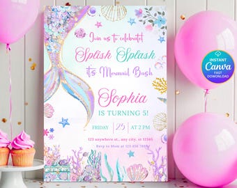 Meerjungfrau-Einladung Meerjungfrau-Geburtstags-Einladung Unter dem Meer-Geburtstag einladen Splish Splash Girl Pink Dive in fünf bearbeitbare Canva-Vorlage