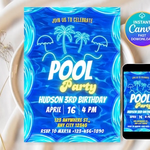 Editable Pool Party Birthday Invitation Neon Glow Swim Invite for Boys Blue Green Pool Birthday Canva Template Digital Download Evite Boy