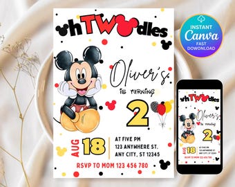 Oh Twodles Einladung, Mickey Geburtstagseinladung, Mickey Mouse Einladungen, Maus bearbeitbare Einladung, Mickey Twodles einladen