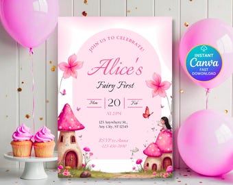 Fairy First Birthday Invitation | Pink Butterfly Enchanted Garden Fairy Invitation | Whimsical 1st Birthday Party Invite Canva Template