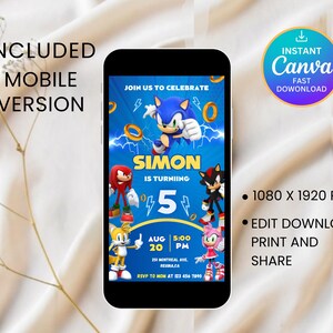 May include: A smartphone displays a birthday party invitation featuring Sonic the Hedgehog characters. The invitation is blue with the text "Join us to celebrate" and "Simon is turning 5." The design includes the text "Instant Canva Fast Download."