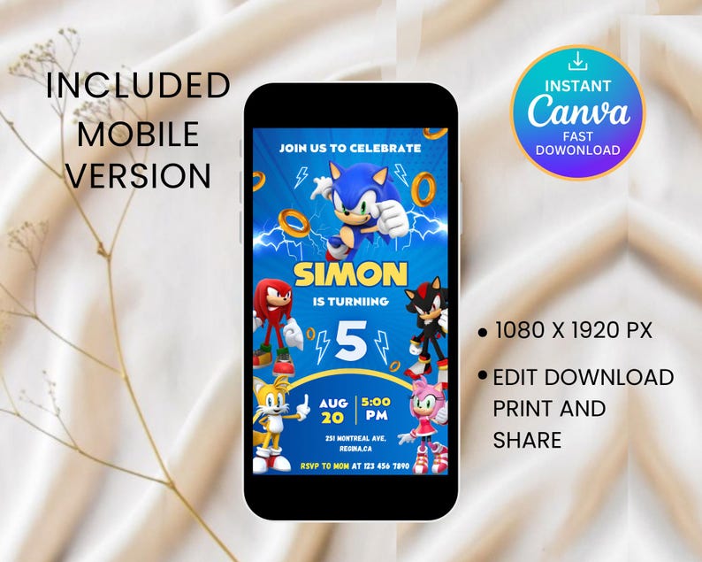May include: A smartphone displays a birthday party invitation featuring Sonic the Hedgehog characters. The invitation is blue with the text "Join us to celebrate" and "Simon is turning 5." The design includes the text "Instant Canva Fast Download."