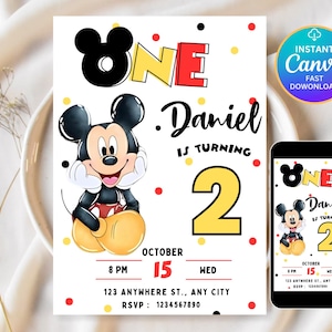 Editable Mickey Mouse Birthday Invitation, Printable Invitation Mickey, 1st birthday Micky Invite, Birthday Boy Invitation 1st, Mickey Mouse