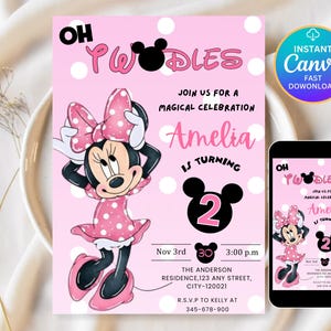 Editable Oh TWOdles Birthday Invitation Digital 2nd Birthday Cute Mouse Second Birthday Invite Oh Twodles Invitiation Boho Minnie Invite
