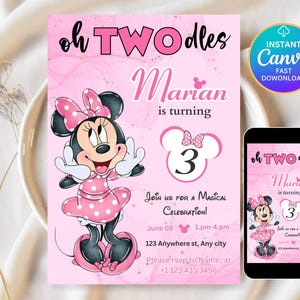 Editable Oh TWOdles Birthday Invitation Oh Twodles Invitation Digital 2nd Birthday Invite Cute Mouse Second Birthday Boho Invite