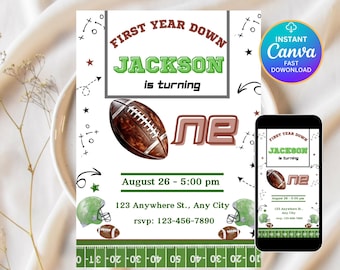 Editable Football Birthday Invitation, First Birthday Invite, Football Birthday, First Year Down, Boy 1st Birthday, Game Om, Canva Template