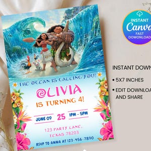 May include: A colorful invitation featuring characters from the animated film Moana, with the text "The Ocean is Calling You!" and details for a birthday party. The invitation is 5x7 inches and includes the text "Instant Download".