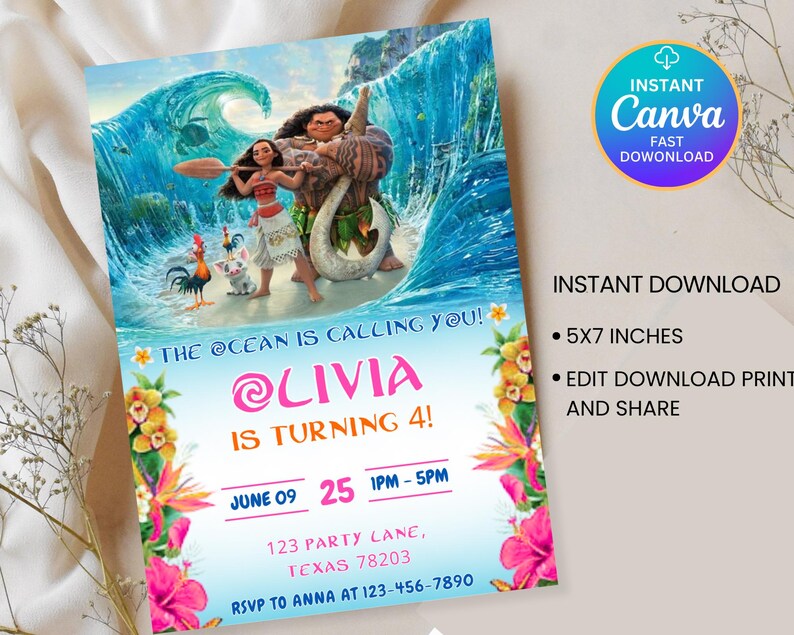 May include: A colorful invitation featuring characters from the animated film Moana, with the text "The Ocean is Calling You!" and details for a birthday party. The invitation is 5x7 inches and includes the text "Instant Download".
