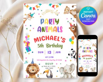 Invitación "Llamada a todos los animales de fiesta", invitación de cumpleaños infantil con animales de fiesta, adorables animales con sombreros de cumpleaños, plantilla editable e imprimible de Canva
