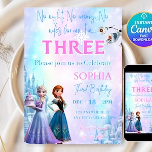 Puede incluir: Una invitación digital para una fiesta de tercer cumpleaños. El diseño presenta la palabra "THREE" en rosa, el nombre "SOPHIA" y la fecha y hora de la fiesta. La invitación incluye ilustraciones de personajes animados y un castillo.