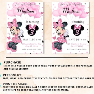 May include: Pink and black Minnie Mouse-themed birthday party invitation. The invitation features the name "Madison" above a Minnie Mouse graphic, the number "3", and event details. The invitation also includes instructions for purchase, personalization, and printing.