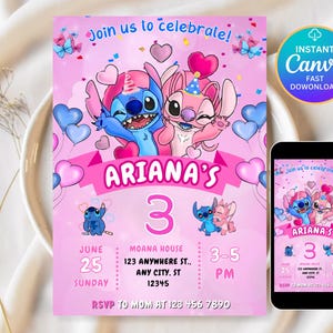 Stitch and Angel Birthday Invitation: Editable & Printable Template – Beautiful Invitation for Your Little One's Birthday, Editable in Canva