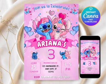 Stitch and Angel Birthday Invitation: Editable & Printable Template – Beautiful Invitation for Your Little One's Birthday, Editable in Canva