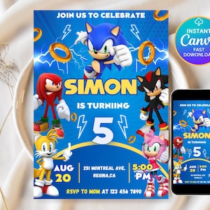 ソニック・ザ・ヘッジホッグの誕生日招待状 | ソニック、ナックル、テイルスの誕生日パーティー招待状 | 編集可能なソニック招待状