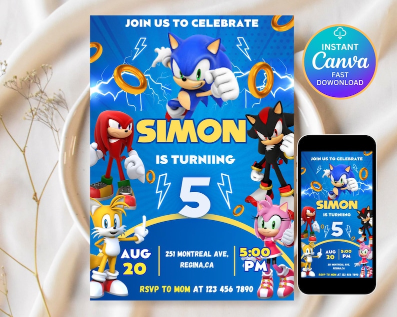 May include: A blue birthday party invitation featuring Sonic the Hedgehog characters. The invitation includes the text "Join us to Celebrate" and "Simon is Turning 5". The date and time are also included.