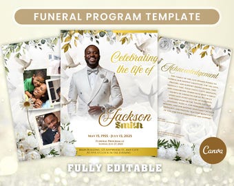 White Gold Roses Funeral Program Template: 8-Page Memorial (Canva PDF)