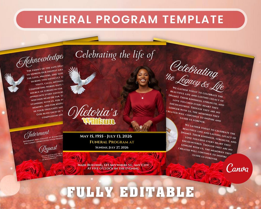 Funeral Program Template Red Canva Celebration of Life Funeral Programs ...