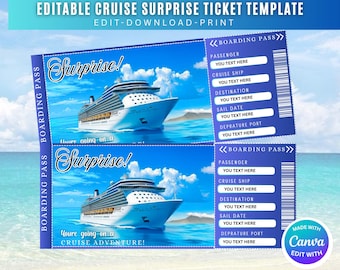 Printable Cruise Ticket Template, Cruise Surprise Ticket, Gift Ticket, Cruise Surprise Boarding Pass, Airline Ticket, Canva Editable Ticket