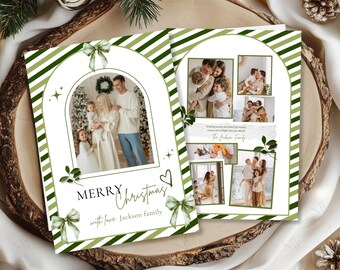 Holiday Photo Card Template, Green Bow Stripe Christmas Card, Printable Family Photo Christmas Card, Year In Review Holiday Card Editable