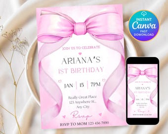 Editable Coquette Pink Bow Birthday Invitation, Pink Bow Birthday Invitation, Ribbon Birthday Invitation, Pink Coquette Bow Invite