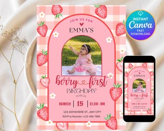 Berry First Birthday Invitation Template, Editable Photo 1st Birthday Party Invitations, Printable Strawberry Birthday Invites, DDH