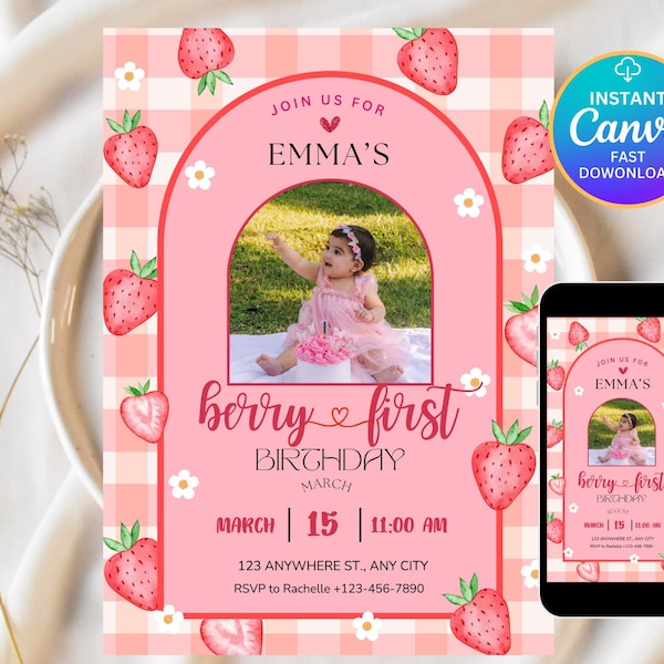 Berry First Birthday Invitation Template, Editable Photo 1st Birthday Party Invitations, Printable Strawberry Birthday Invites, DDH